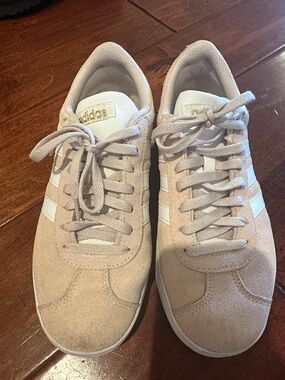 adidas women’s Light Beige/ pink Suede Sneakers with White Stripes